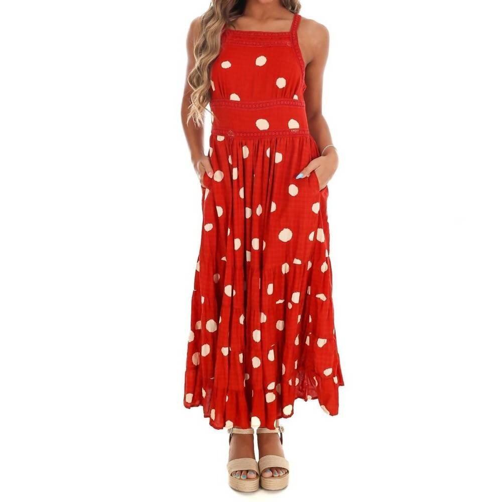 Umgee Rusty Red Polka Dot Embroidered Trim Tiered Boho A-line Maxi Dress L